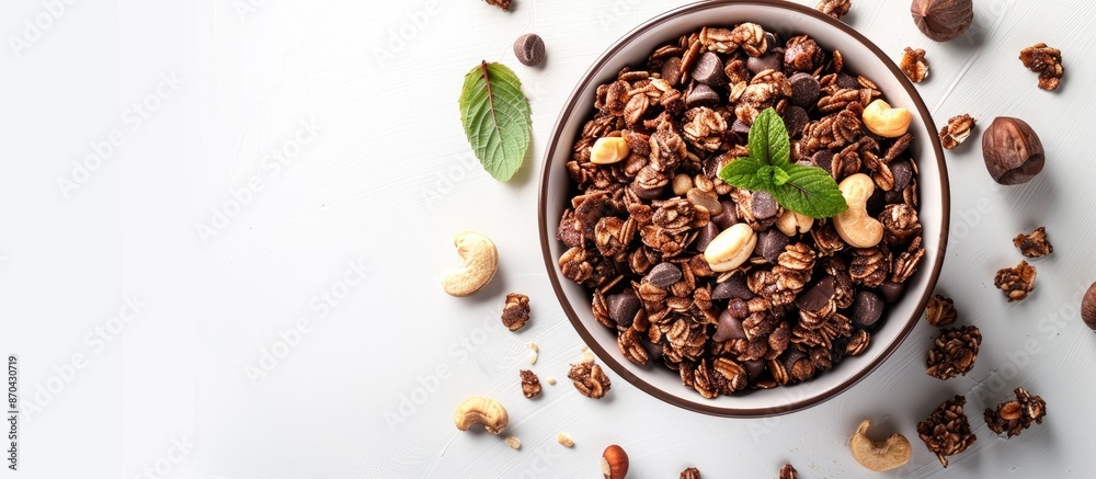 Chocolate granola and nut-filled cereal in a bowl, isolated on a white background with copy space image. Chocolate granola and nut-filled cereal in a bowl, isolated on a white background with copy space image.