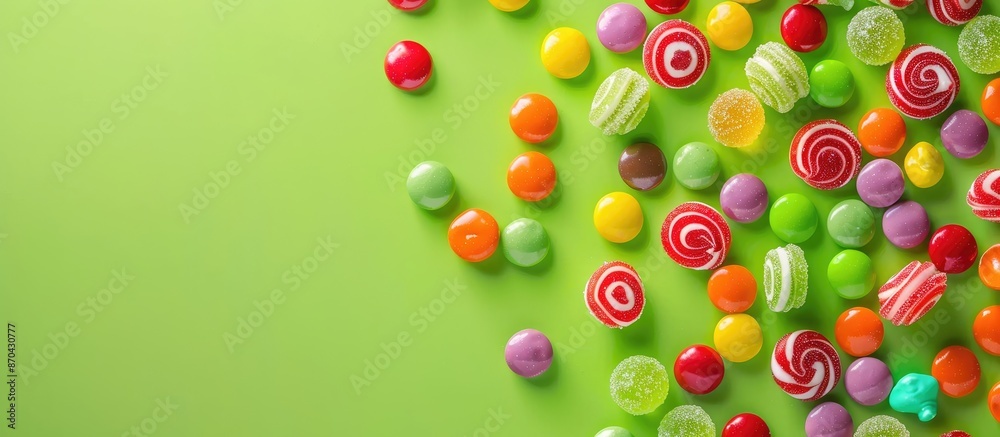 Several vibrant candies against a green backdrop with ample copy space image. Several vibrant candies against a green backdrop with ample copy space image.