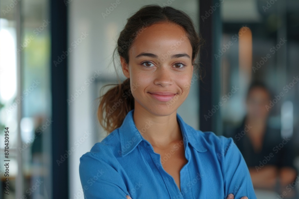 Confident young professional woman smiling in office setting.