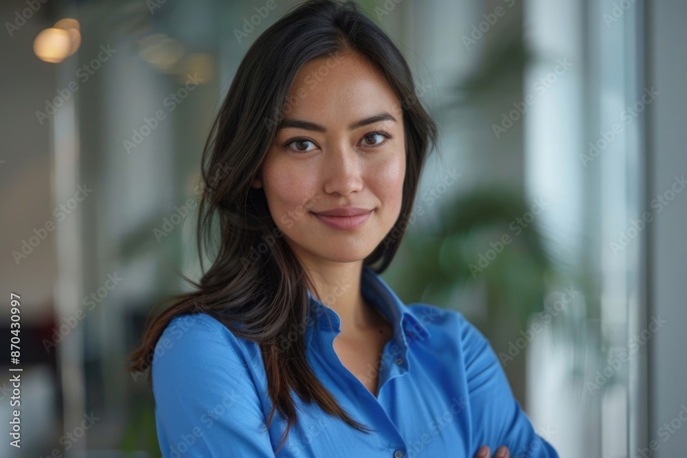 Confident young professional woman smiling in office setting. Confident young professional woman smiling in office setting.