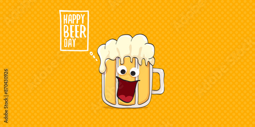 International beer day horizontal banner or summer poster with vector funky beer character isolated on yellow beer background. Vector Cartoon funny International beer day label and poster