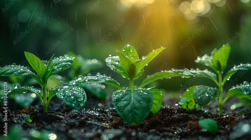 Young Plants with Dew in Sunlight - Generative AI Young Plants with Dew in Sunlight - Generative AI