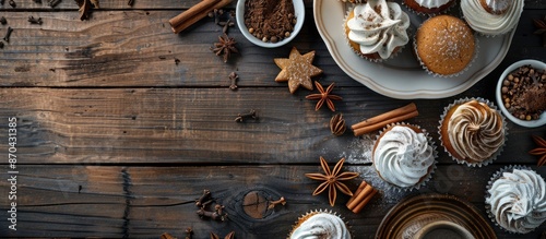 Fototapeta Naklejka Na Ścianę i Meble -  Rustic winter flat lay with cookies, cupcakes, and spices on a wooden background, creating a cozy autumn atmosphere. Perfect for seasonal holidays bakery concept with copy space image.