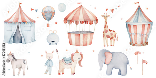 Watercolor circus clipart with cute animals, magic show and tent isolated on white background