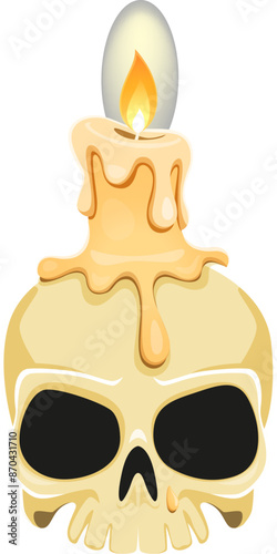 Cartoon Halloween skull with candle and melt dipping wax. Isolated vector occult or magic object. Creepy gothic antique cranium, scary lantern made of dead head. Dia de los Muertos item or decoration