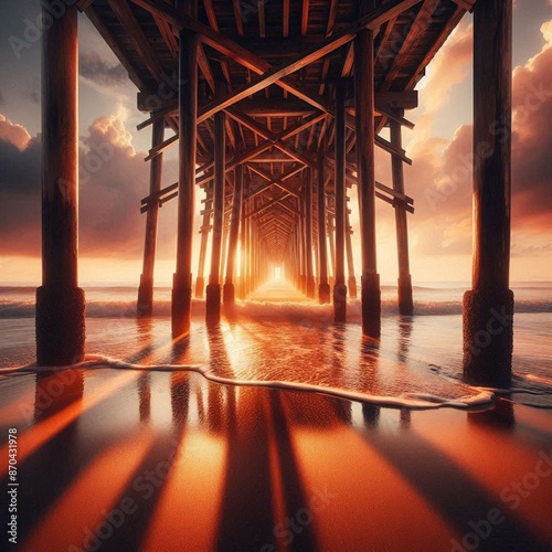 Under the Pier: The sun rising or setting as seen from under a beach pier, with beams and waves framing the view 004 photo