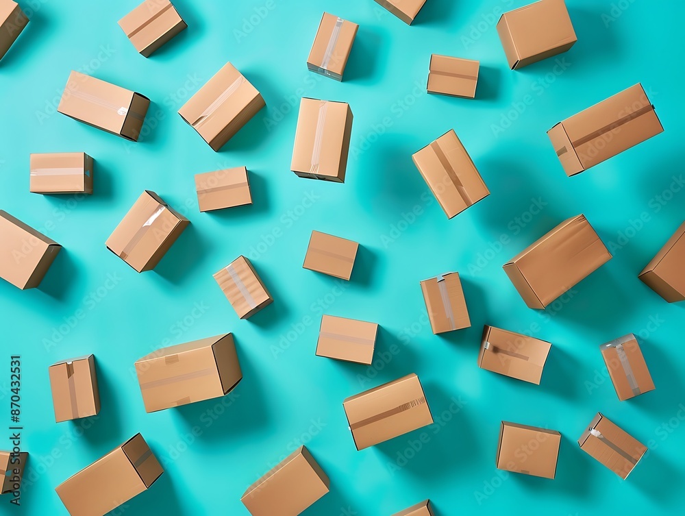 Many cardboard boxes flying in the air on blue background. 3d rendering