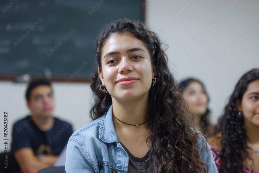 Successful hispanic female student with group of young adults at classroom of university Successful hispanic female student with group of young adults at classroom of university