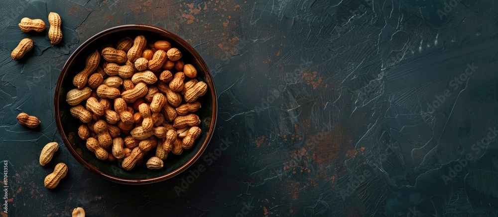 A bowl of peanuts seen from above on a dark background, ideal for adding text or images. Copy space image. Place for adding text and design A bowl of peanuts seen from above on a dark background, ideal for adding text or images. Copy space image. Place for adding text and design