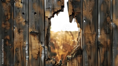 Rustic Wooden Fence with Hole Revealing Landscape photo