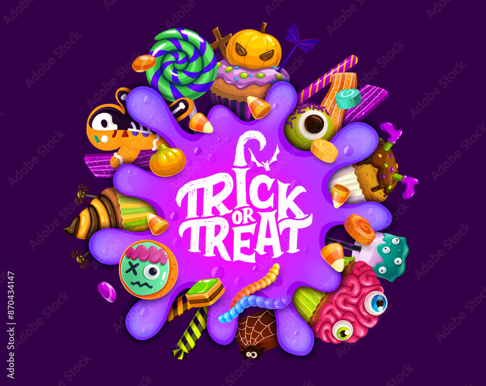 Naklejka premium Trick or treat banner with Halloween sweets and purple slime blob. Cartoon vector delectable spread of festive desserts and spooky appetizing delights around of whimsical violet spot oozing through