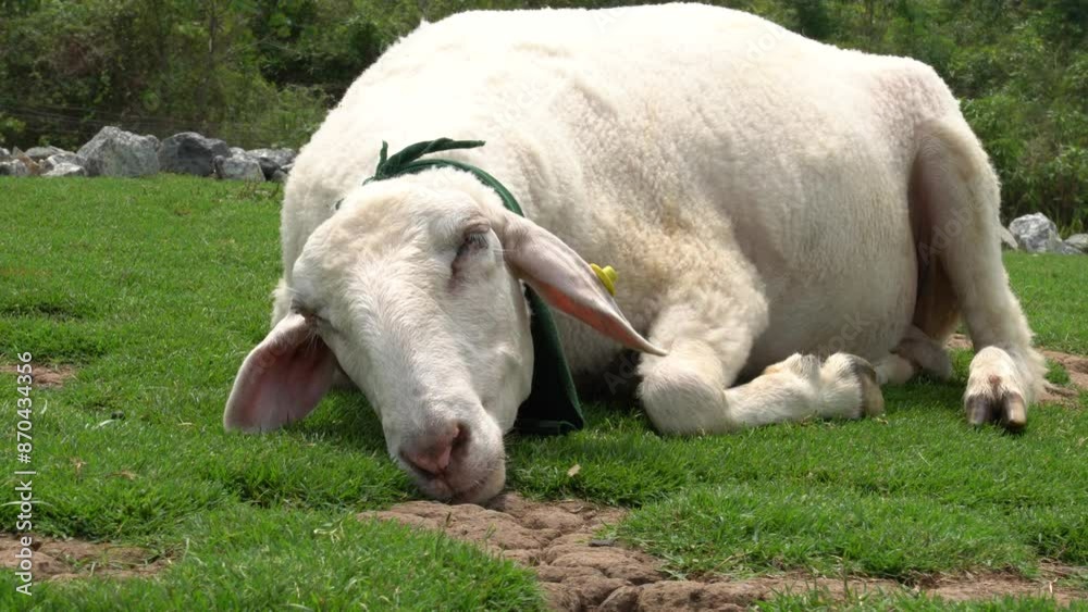 Farm animal sheep walking, resting, eating grass freely in farmland Farm animal sheep walking, resting, eating grass freely in farmland