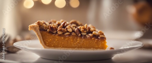 A slice of pie covered in brown crust and topped with nuts sits on top of a white plate.