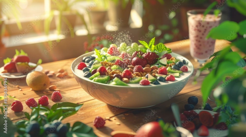 Fresh Fruit Salad on Wooden Table in Sunlight with Strawberries, Blueberries, and Nuts. Green Leaves and Smoothie in Glass Enhance the Scene Fresh Fruit Salad on Wooden Table in Sunlight with Strawberries, Blueberries, and Nuts. Green Leaves and Smoothie in Glass Enhance the Scene