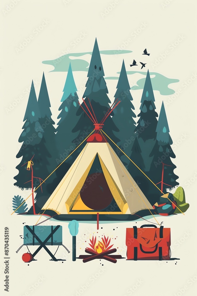 Camping gear, riverbank campsite, flat design illustration Camping gear, riverbank campsite, flat design illustration