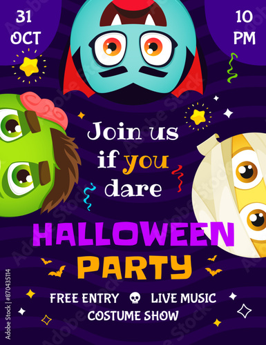 Halloween party flyer with cartoon emoji faces. Vector poster with Dracula, zombie and mummy characters set the mood for a night of ghoulishly good times. Join us if dare for a spooktacular bash