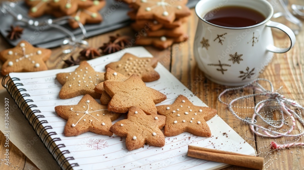 Fototapeta premium A Ginger Spice Christmas Cookie Recipe On Notebook Paper, Festive And Delicious