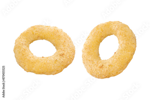 Crispy ring snacks isolated on white background. Corn onion rings in bowl isolated on white background. Crispy onion rings, isolated on white background. Snacks for watching movies.