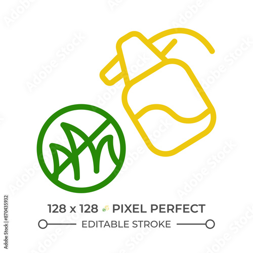 Weed control two color line icon. Reducing growth. Vegetation management. Herbicide spraying. Vegetable garden bicolor outline symbol. Duotone linear pictogram. Isolated illustration. Editable stroke