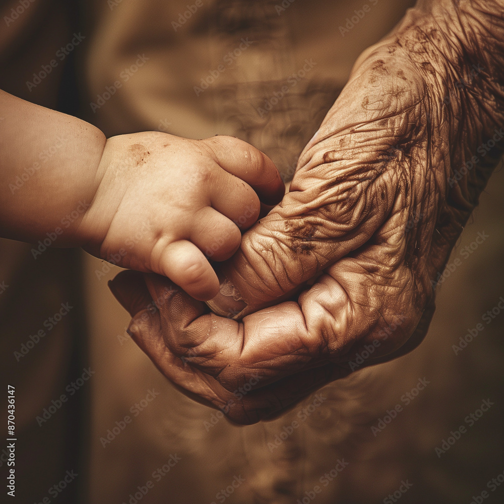 Fototapeta premium Close-up of a pair of elderly hands, showcasing detailed wrinkles and age spots, gently holding a young child's hand, symbolizing care and generational connection