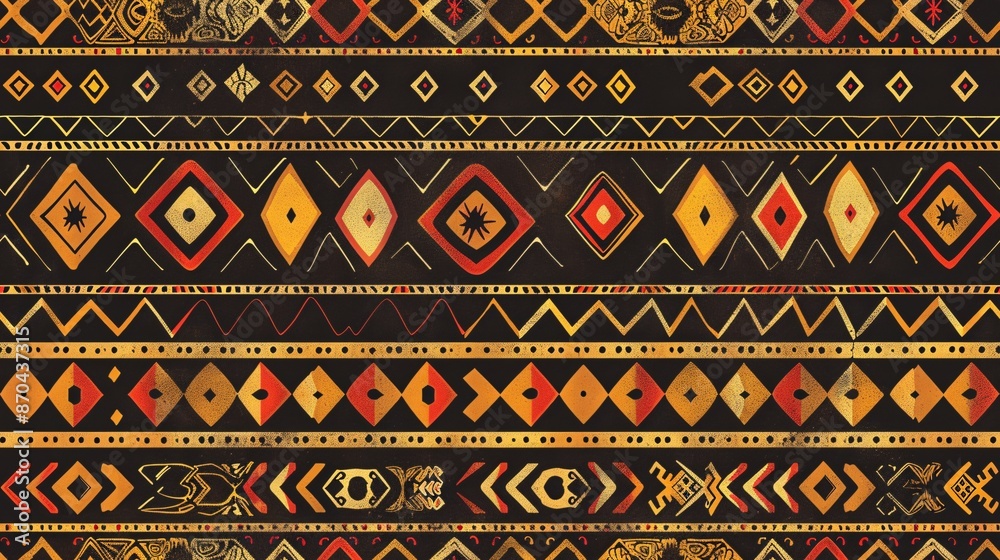 a seamless pattern of an African tribal textile with geometric patterns in green, yellow and brown colors, on dark background. The design incorporates warm tones and earthy hues, incorporating a seamless pattern of an African tribal textile with geometric patterns in green, yellow and brown colors, on dark background. The design incorporates warm tones and earthy hues, incorporating