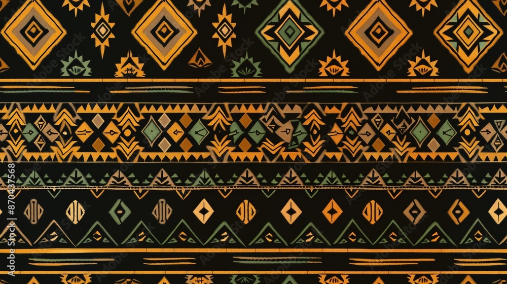 a seamless pattern of an African tribal textile with geometric patterns in green, yellow and brown colors, on dark background. The design incorporates warm tones and earthy hues, incorporating a seamless pattern of an African tribal textile with geometric patterns in green, yellow and brown colors, on dark background. The design incorporates warm tones and earthy hues, incorporating