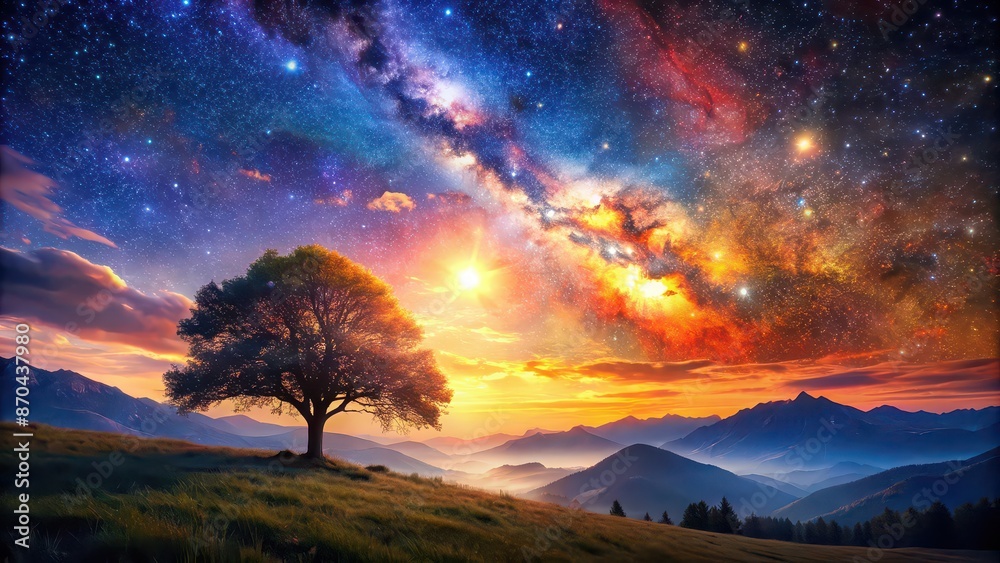 Dramatic starry night sky with colorful nebula and mountains glowing above tree with setting sun, dramatic Dramatic starry night sky with colorful nebula and mountains glowing above tree with setting sun, dramatic