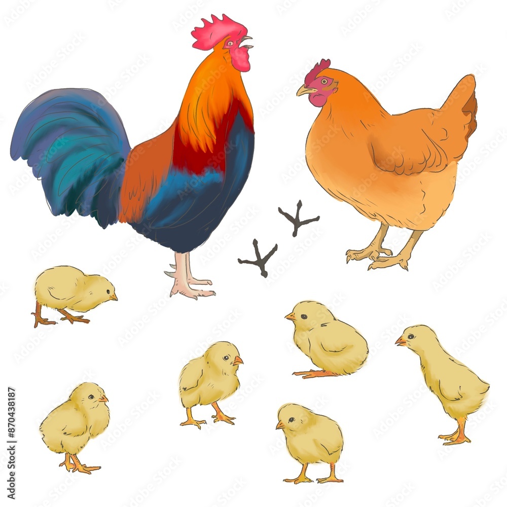 Illustration of chicken family, rooster, hen, chicks, hen trail on white background Illustration of chicken family, rooster, hen, chicks, hen trail on white background