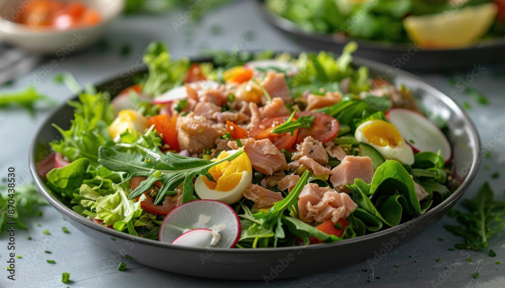 A bowl of salad displayed on a table, showcasing various ingredients and presentation A bowl of salad displayed on a table, showcasing various ingredients and presentation