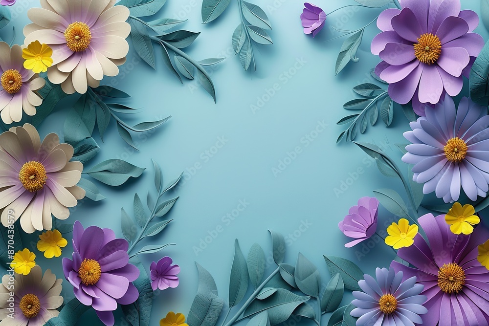 Top view of a blue green background with purple and yellow flowers. Top view of a blue green background with purple and yellow flowers.