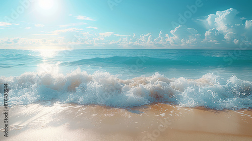 A serene summer beach landscape with gentle waves and soft sand, creating a relaxing and inviting atmosphere