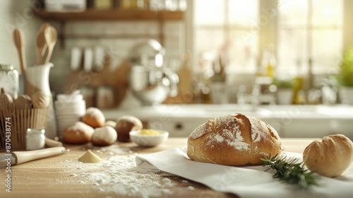 A Kitchen Table With Ingredients For Making Bread, A Scene Of Culinary Preparation