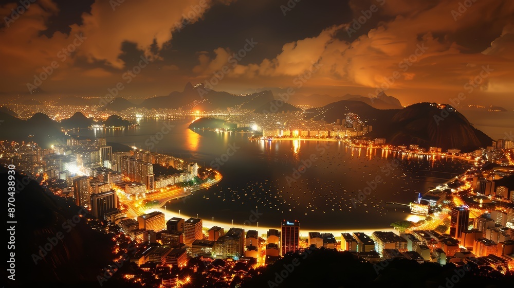 Naklejka premium Rio de Janeiro Cityscape at Night with Illuminated Coastline