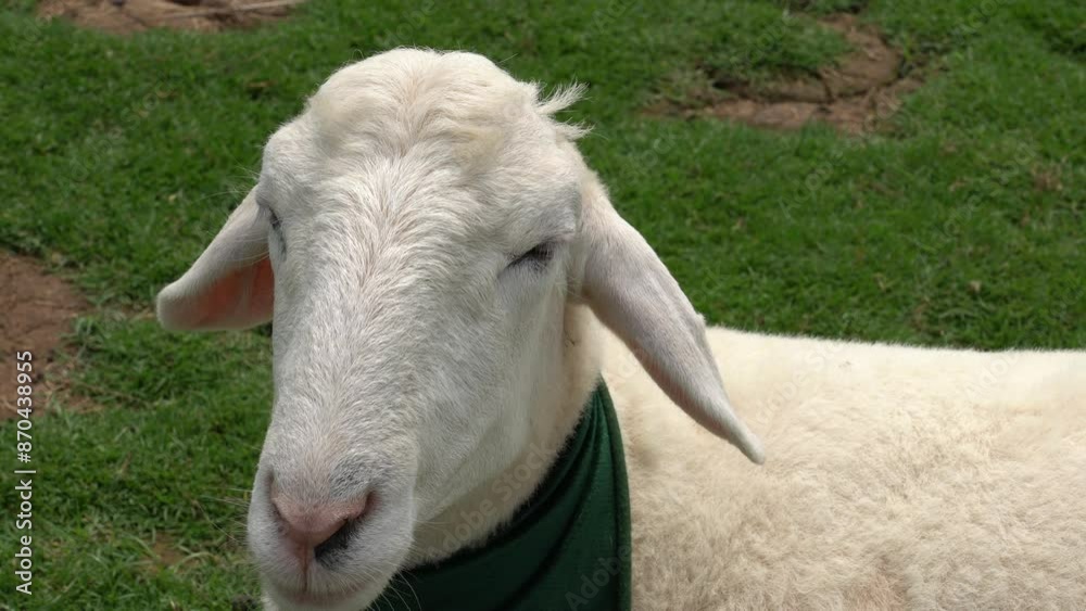 Farm animal sheep walking, resting, eating grass freely in farmland Farm animal sheep walking, resting, eating grass freely in farmland