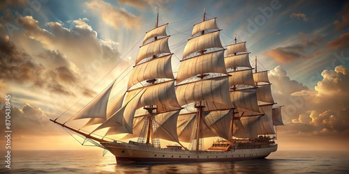 Retro-inspired 3D illustration of a majestic sailing ship with billowing sails and intricate rigging, set against a transparent background in warm, muted tones.