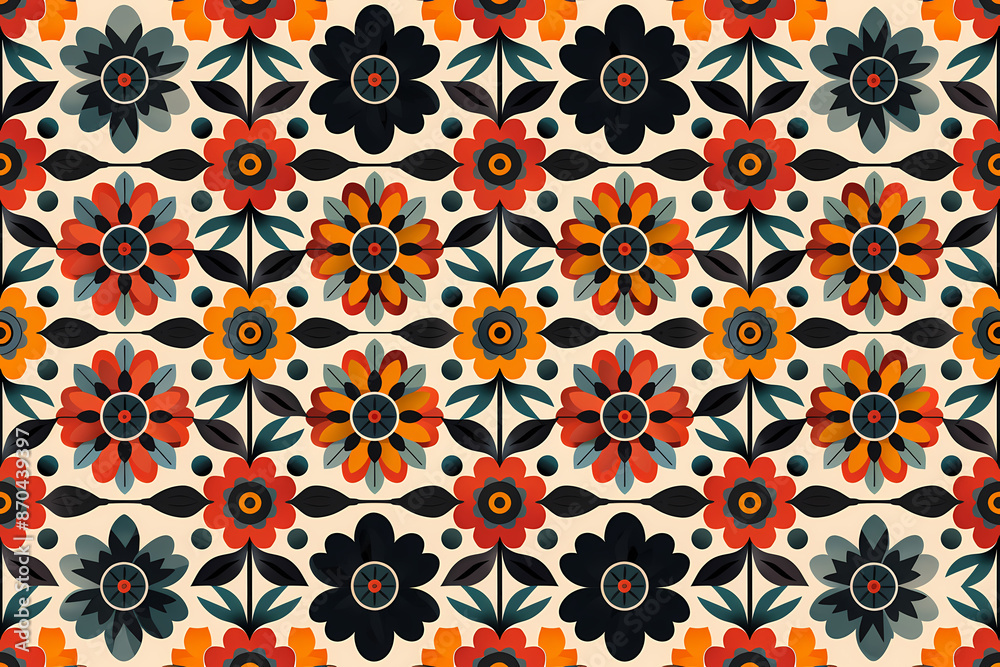 This image displays a vibrant retro floral pattern in bold colors, showcasing an array of orange, red, and black flowers with intricate design details arranged uniformly. This image displays a vibrant retro floral pattern in bold colors, showcasing an array of orange, red, and black flowers with intricate design details arranged uniformly.