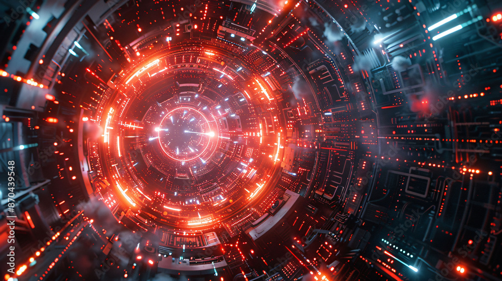 Holographic display of interconnected light beams and mechanical gears in a futuristic digital artwork. Holographic display of interconnected light beams and mechanical gears in a futuristic digital artwork.