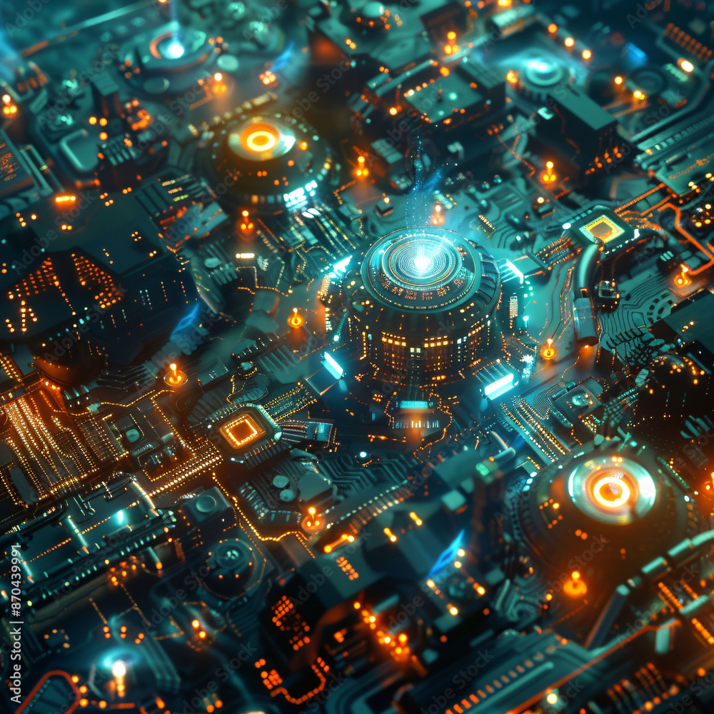 Holographic display of interconnected light beams and mechanical gears in a futuristic digital artwork. Holographic display of interconnected light beams and mechanical gears in a futuristic digital artwork.