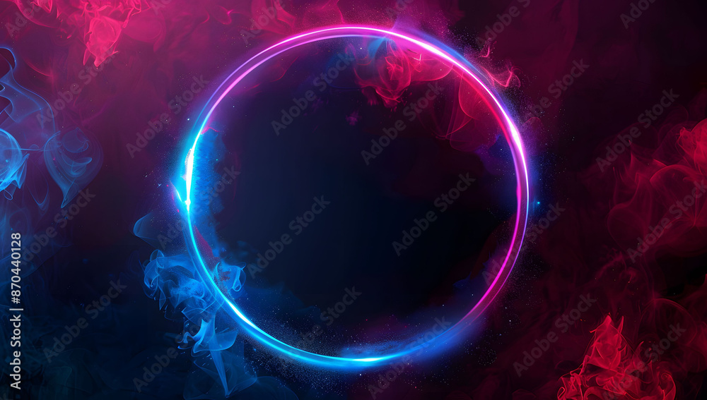 Abstract illuminated ring with glowing neon flames in blue and pink on a dark background. The fantasy fire effect creates a neon circle frame with smoke. Abstract illuminated ring with glowing neon flames in blue and pink on a dark background. The fantasy fire effect creates a neon circle frame with smoke.