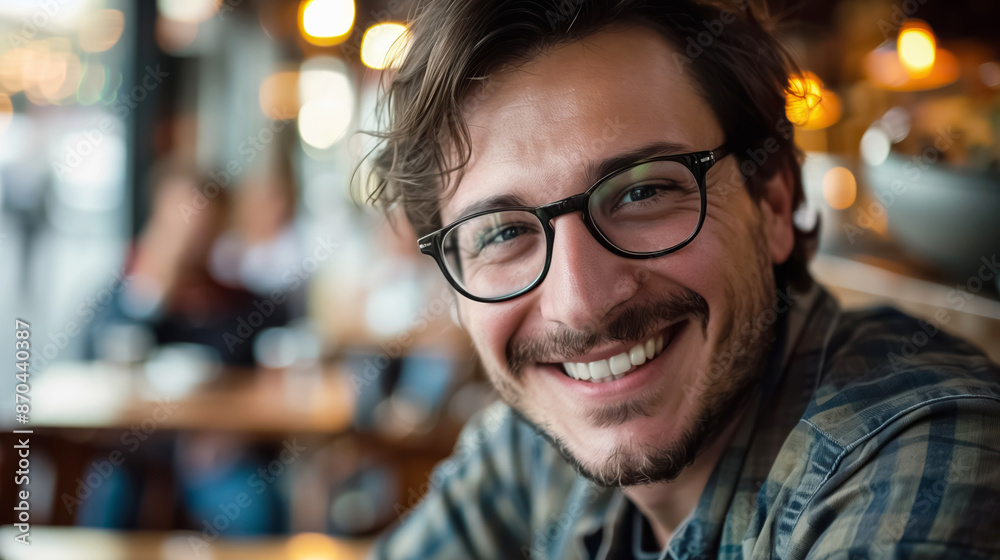 A relaxed man with glasses and a beard enjoys a casual moment in a cozy cafe with warm ambiance and a friendly atmosphere, surrounded by a vibrant urban environment, copy space A relaxed man with glasses and a beard enjoys a casual moment in a cozy cafe with warm ambiance and a friendly atmosphere, surrounded by a vibrant urban environment, copy space