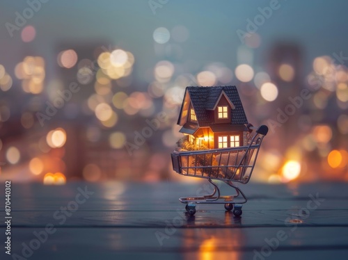 Shopping cart concept for home buyers with mock-ups of houses