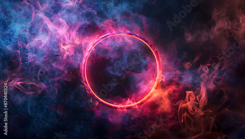 Abstract illuminated ring with glowing neon flames in blue and pink on a dark background. The fantasy fire effect creates a neon circle frame with smoke. © jex