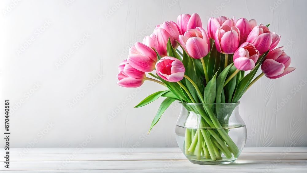 Fresh pink tulips in a clear glass vase on a white background, floral, arrangement, blooming, petals, elegant, decoration Fresh pink tulips in a clear glass vase on a white background, floral, arrangement, blooming, petals, elegant, decoration
