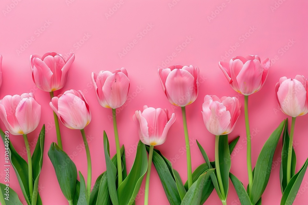 Obraz premium A beautiful composition of pink tulips flowers on an ivory background. A fantastic gift for Valentine's Day, Easter, Birthday, Women's Day, Mother's Day. Flat lay, top view, copy space.