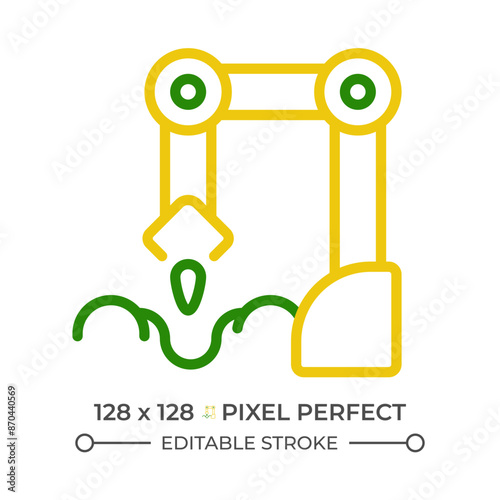 Planting robot two color line icon. Seed sowing machine. Agricultural automation. Artificial intelligence bicolor outline symbol. Duotone linear pictogram. Isolated illustration. Editable stroke