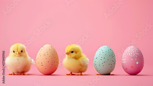 small yellow chicks with colorful flowers isolated on the blue color background with eggs on the borders with empty space in middle  © Ya Ali Madad 