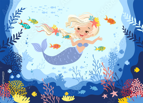 Hand drawn vector illustration of a beautiful mermaid girl with a blonde braid among seaweed and corals. Underwater sea life of coral reef