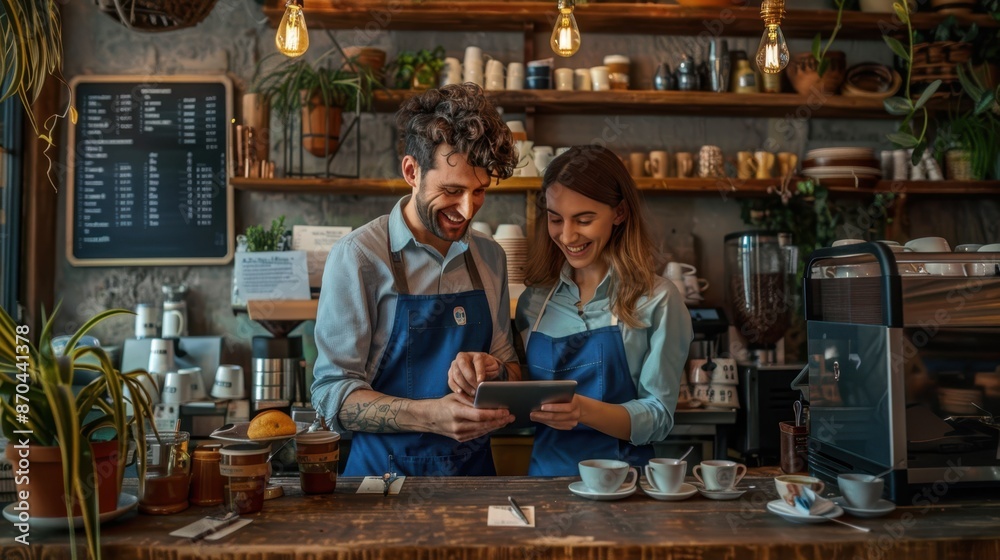 The baristas using tablet The baristas using tablet