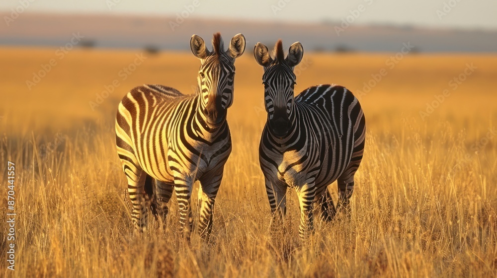 Naklejka premium Zebras in the Golden Grassland