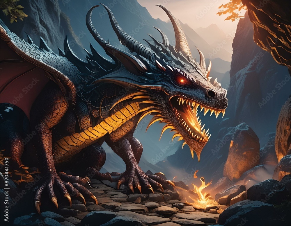 scary and mysterious gold dragon, whimsical and colorful atmosphere, science fiction, fire scary and mysterious gold dragon, whimsical and colorful atmosphere, science fiction, fire